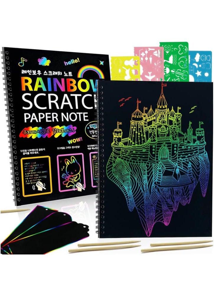 A scratch drawing notebook, featuring colorful magic scratch-off paper for children aged 3 to 12. The set includes drawing pads filled with vibrant colors that can be scratched off, making it ideal for arts, crafts, and creative activities. - Image 1